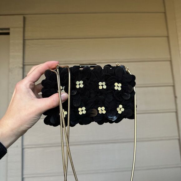 Anne Fontaine Handcrafted Beaded Floral Evening Bag  Clutch Floral Black Gold - Picture 5 of 11